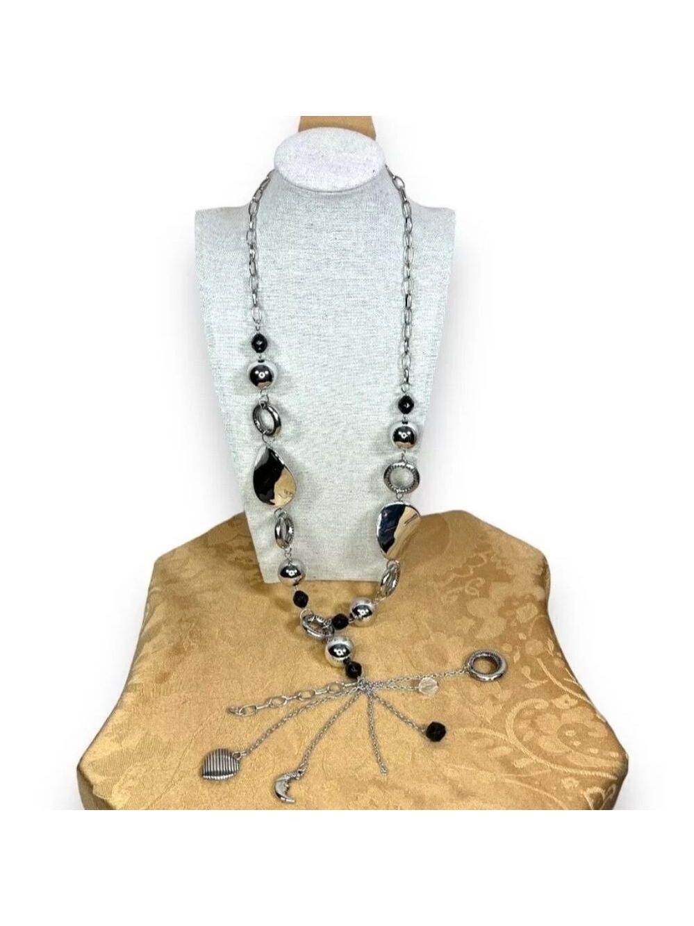 SILVER BEADED CHARM STATEMENT NECKLACE NWOT